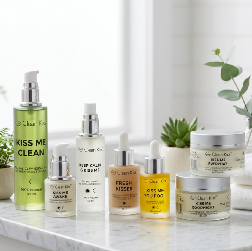 A collection of seven skincare products from Clean Kiss Organics, including facial cleansing oil, face mist, and moisturizing creams.