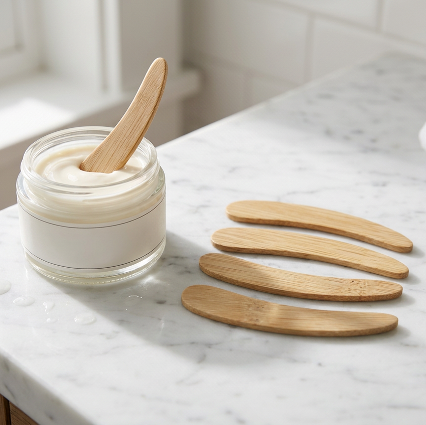 A set of five beige bamboo applicator sticks arranged in a natural fan-like spread on a white background.