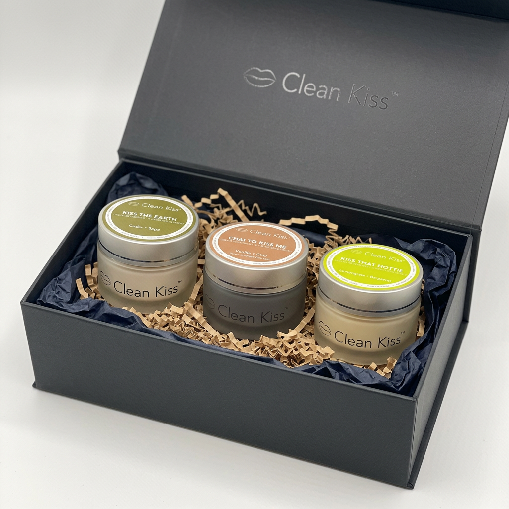 Three jars of 'Clean Kiss' deodorant for men with different scents on a white background