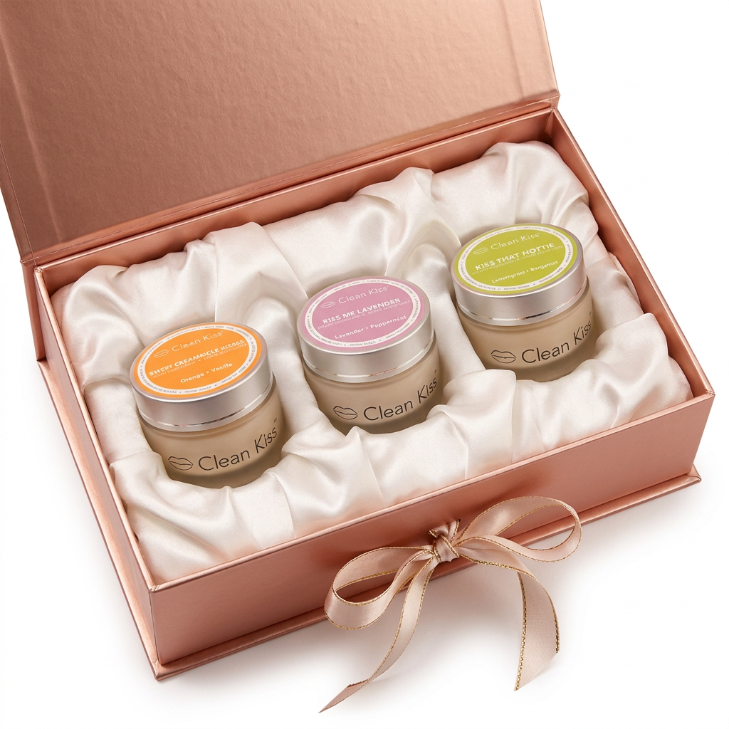 Three jars of 'Clean Kiss' deodorant for women with colorful labels on a white background