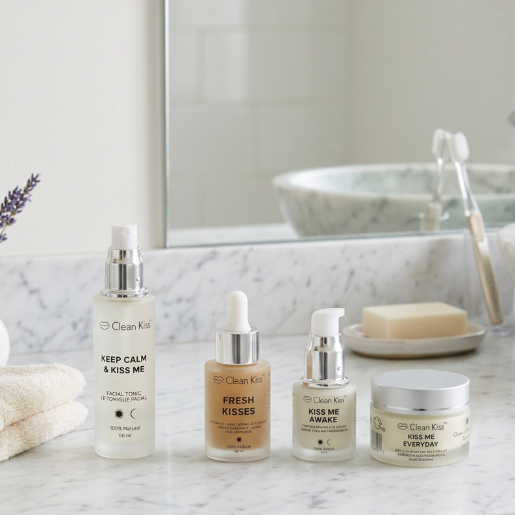 A set of four skin care products labeled 'Clean Kiss', including a facial tonic, a gel, a cream, and a moisturizer.