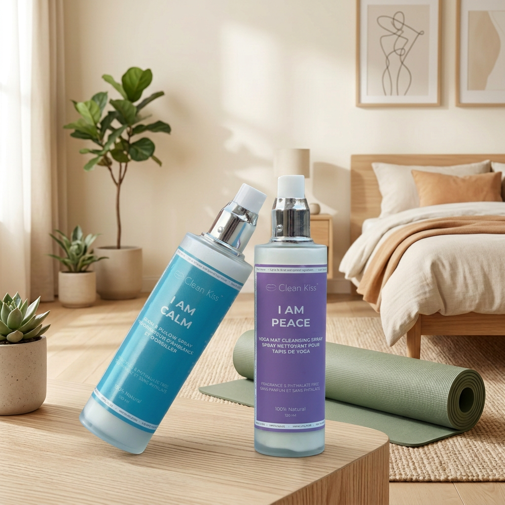 Two bottles of aromatherapy spray, labeled 'I AM CALM' and 'I AM PEACE', designed for cleaning yoga mats and providing a calming atmosphere.