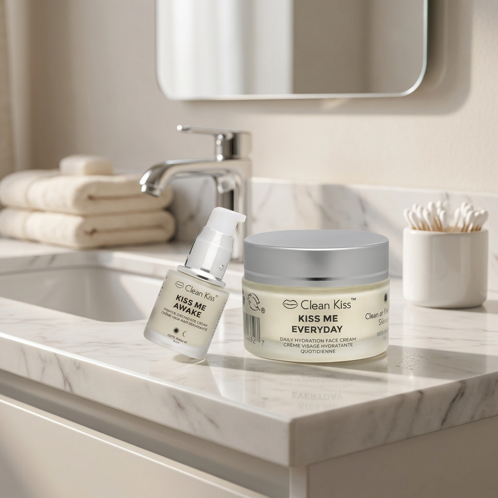 Two skin care products from Clean Kiss, one is a firming eye cream in a clear serum bottle and the other is a daily hydration face cream in a yellow jar with a pump dispenser.