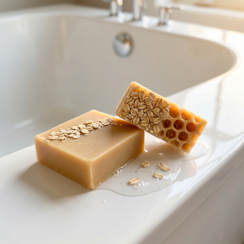 Two rectangular bars of handmade soap in warm beige tones, one smooth and one textured with honeycomb and oat-like inclusions, displayed on a wooden board against a white background.