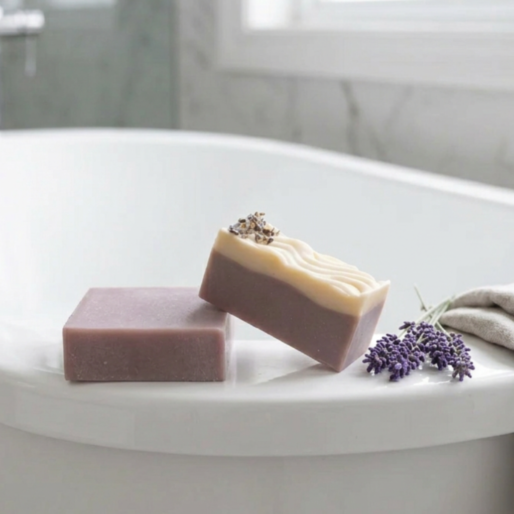 Two artisanal handmade soap bars on a wooden board. One bar is a two-tone design with a dusty lavender-purple lower half and a creamy off-white top half.