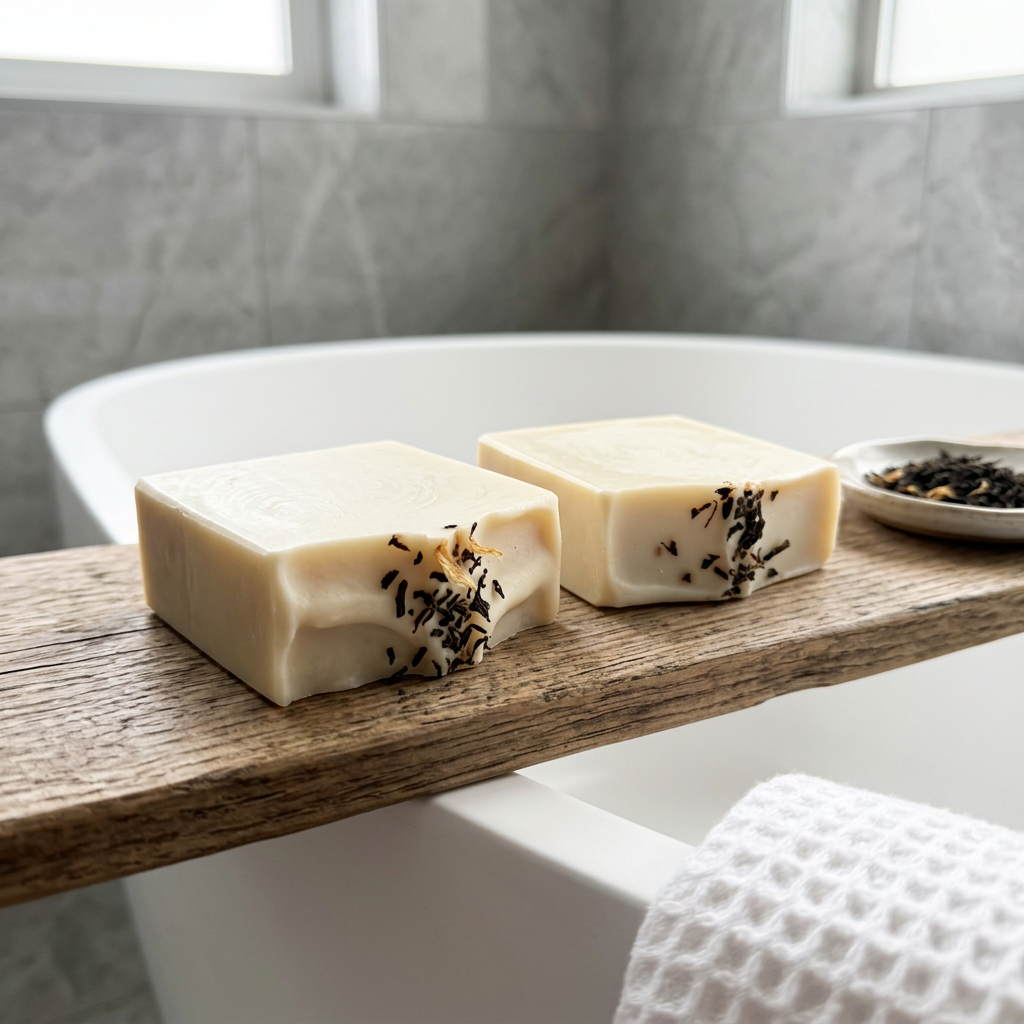 Two rectangular bars of creamy off-white soap with dried black botanical inclusions, displayed on a rustic wooden tub rail in a bathroom setting with a white bathtub and gray tiled walls.