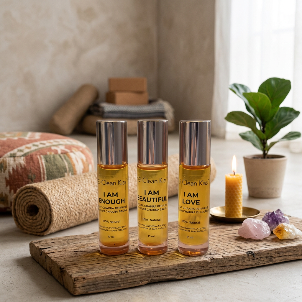 Three small bottles of natural perfume, labeled 'I AM ENOUGH', 'I AM BEAUTIFUL', and 'I AM LOVE', each with a roll-in, to help balance chakras and create peace from within; intention based.
