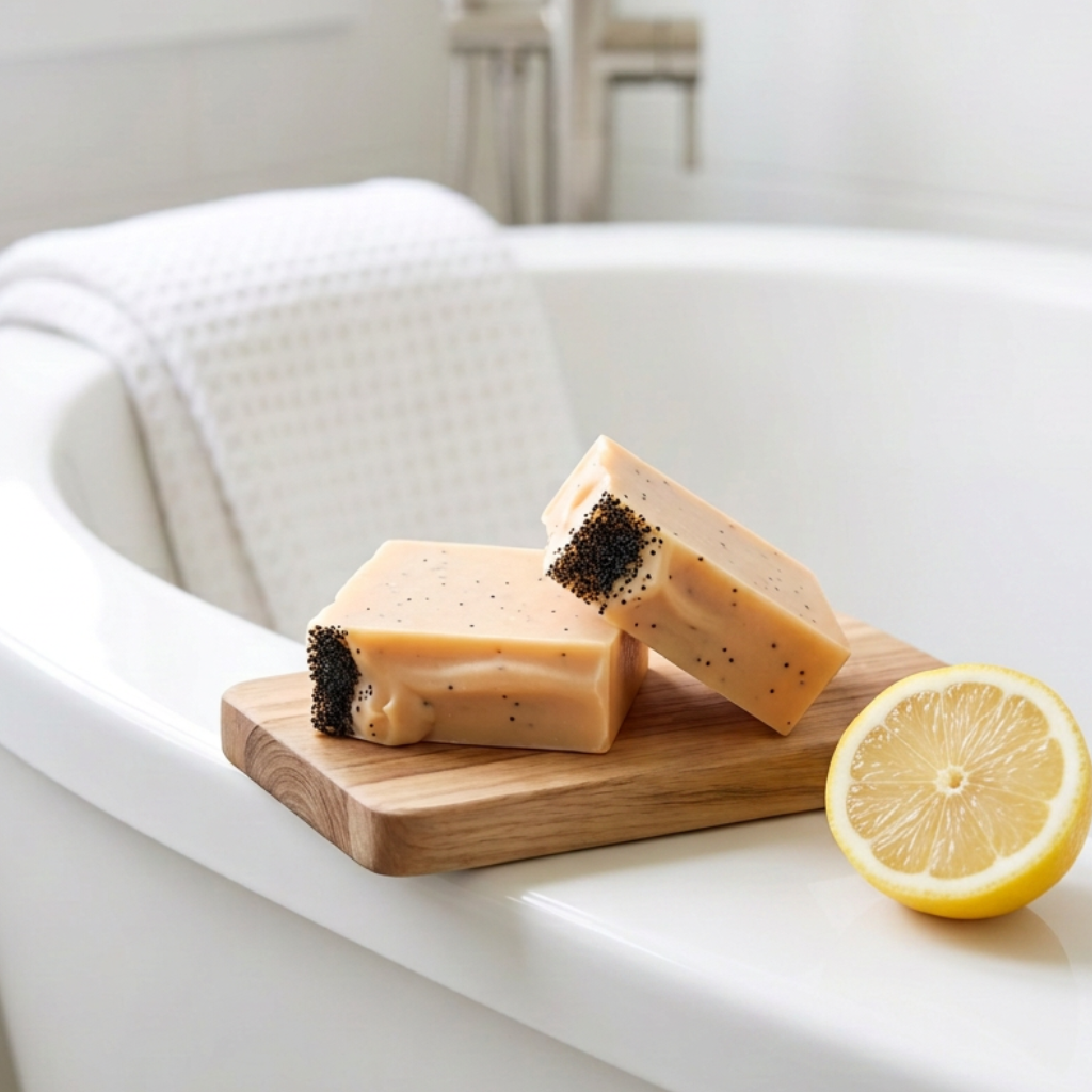 Two rectangular bars of handmade soap with black poppy seed specks, one flat and one angled with a piece broken off to show the textured top, displayed on a wooden cutting board.