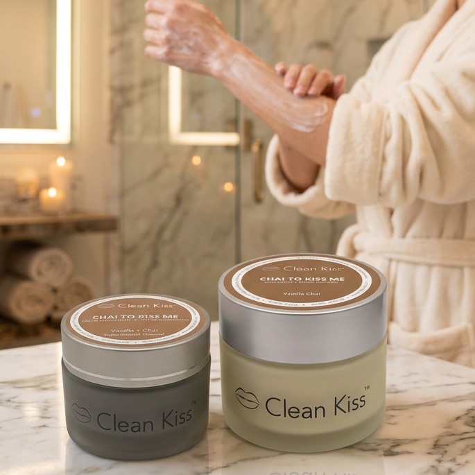 Two containers of Clean Kiss brand deodorant, one labeled as 'Chai to Kiss Me' with vanilla and spice scents, and another unscented, both in cream and green colors.