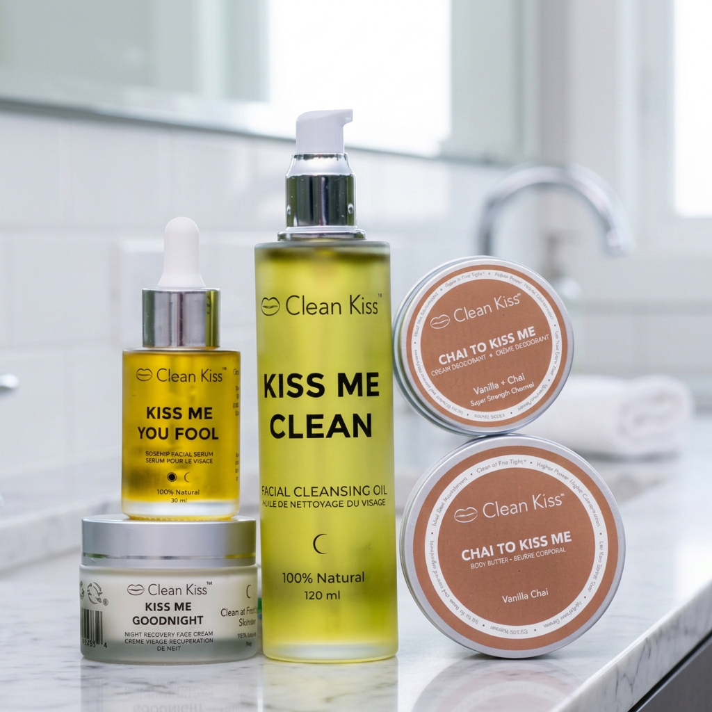 A 5-piece skincare set by Clean Kiss, featuring a body butter, deodorant, facial oil cleanser, rosehip seed oil serum, and a nightcream, all with pump dispensers and labeled 'Winter Skincare Ritual'.